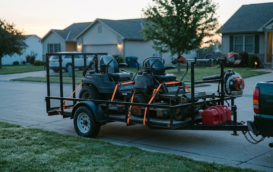 A landscape trailer loaded with mowers behind a pickup in a driveway before sunrise.